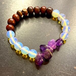 REAL Amethyst Healing Crystal Bracelet w/ Lava Stone